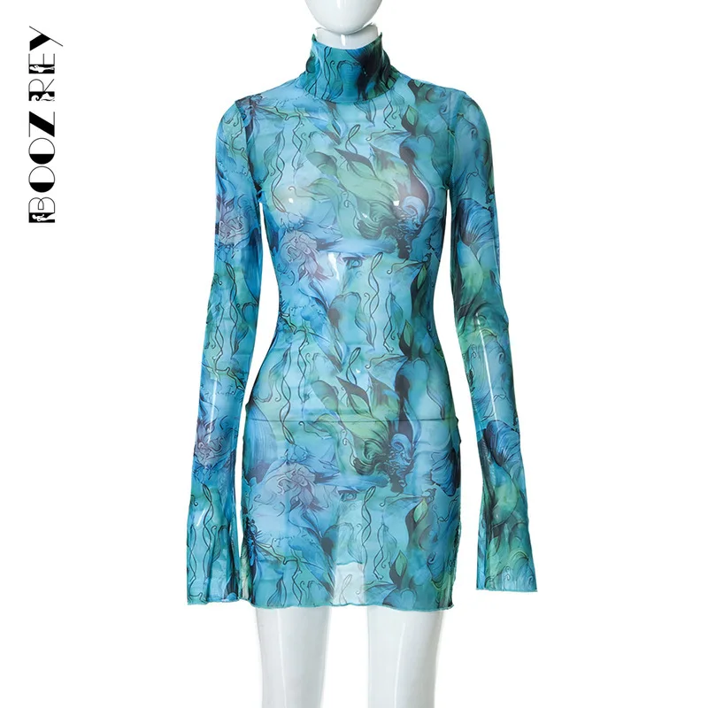 BoozRey Mesh Print Round Neck Flared Sleeves Side Open Mini Dress Women's Summer Bodycon Party Clubwear Dress Vestidos De Mujer