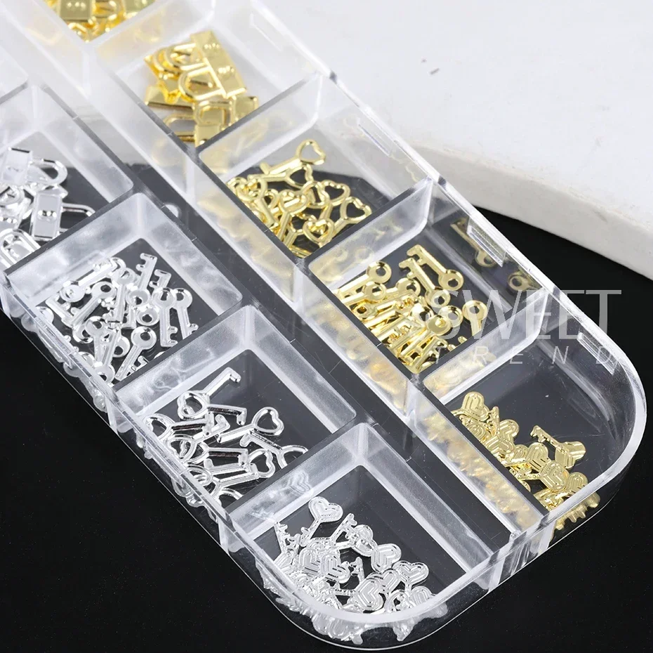 12 Grids Gold Silver Metal Lock Key Nail Decoration Parts Love Heart Charms Jewelry DIY Valentine's Manicure Accessories Flakes