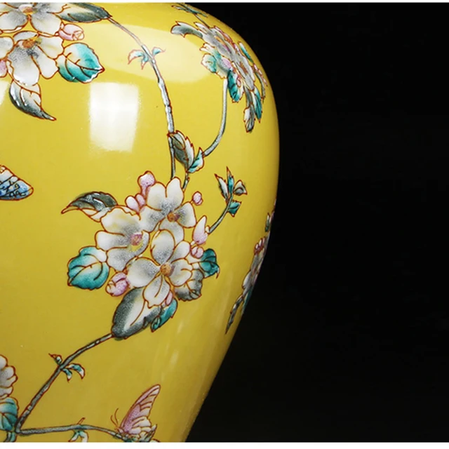 Elegáns Sárga Kerámia Váza Fedéllel Ellátott Pillangó Virág Dekoratív Edény Gyömbér Alakú Porcelán Vázák Fedő - Image 4