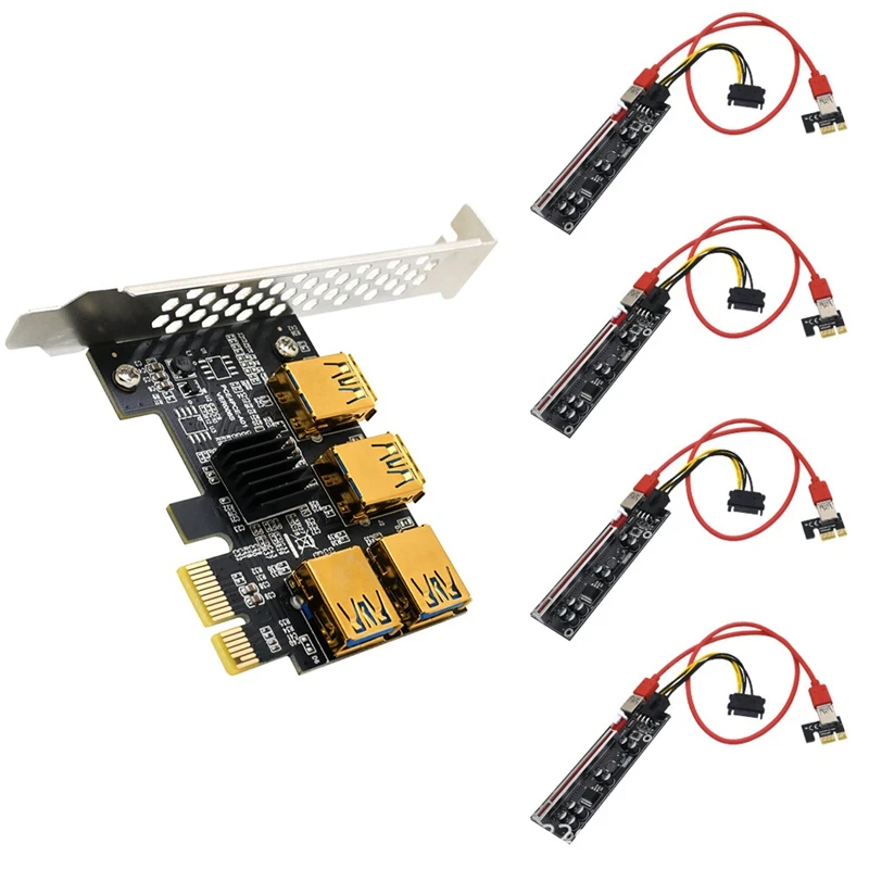 

NEW-PCI-E Expansion Card One For Four USB PCI-E 1X To PCI-E 16X 6Pin Graphics Extension Cable Expansion Card For BTC Mining