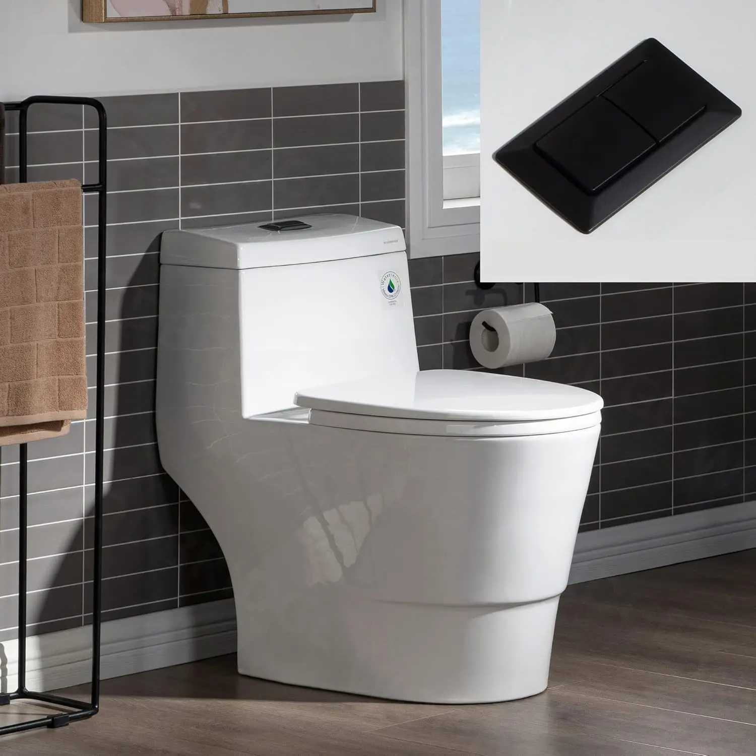 One Piece Toilet with Soft Closing Seat Chair Height 1.28 GPF Dual Water Sensed 1000 Gram MaP Flushing Score Toilet 2