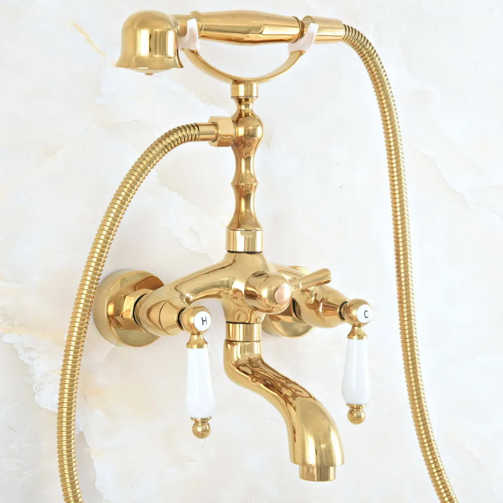 

Luxury Gold Bathtub Faucet Wall Mounted Tub Sink Faucet Dual Knobs Bath Shower Set Hot Cold Mixer Taps