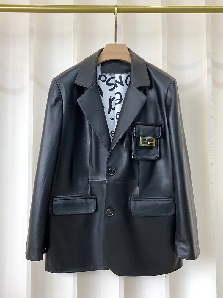 Brand New 2023 Autumn Fashion Women High Quality Black Genuine-leather Blazers Jackets Elegant Loose Leather Coat C933 new fashion blazers mens autumn winter pland business male casual suit jackets high quality brand men formal blazer coat s 3xl