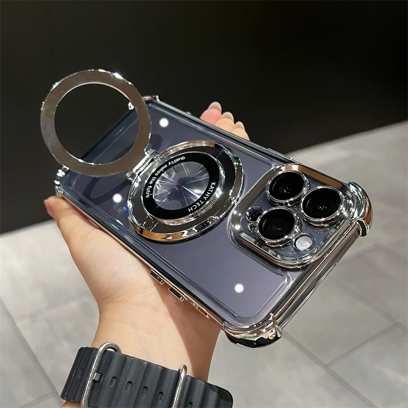 Luxury Wireless Charging Magsafe Ring Bracket Case For iPhone 11 12 13 14 15 Pro Max Plus Transparent Magnetic Bumper Cover