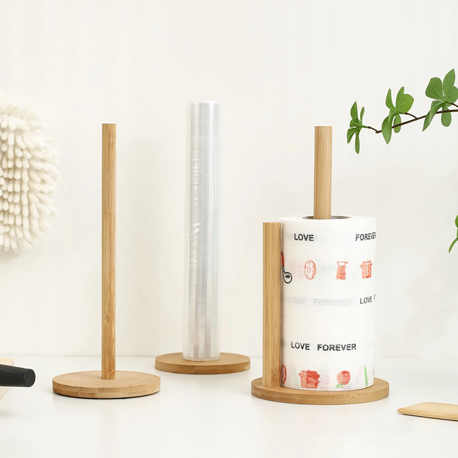 Wooden Roll Paper Towel Holder Bathroom Tissue Vertical Stand Rack Hook Disposable Paper Pot Kitchen Toilet Storage Accessories