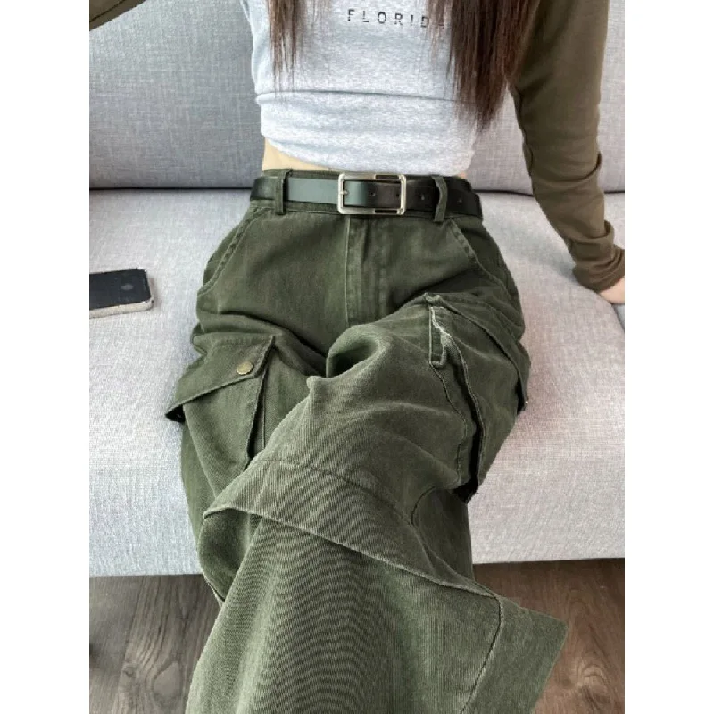 

American Style Fashionable Retro Army Green Denim Workwear Pants for Women's Autumn High Waisted Straight Leg Wide Leg Pants