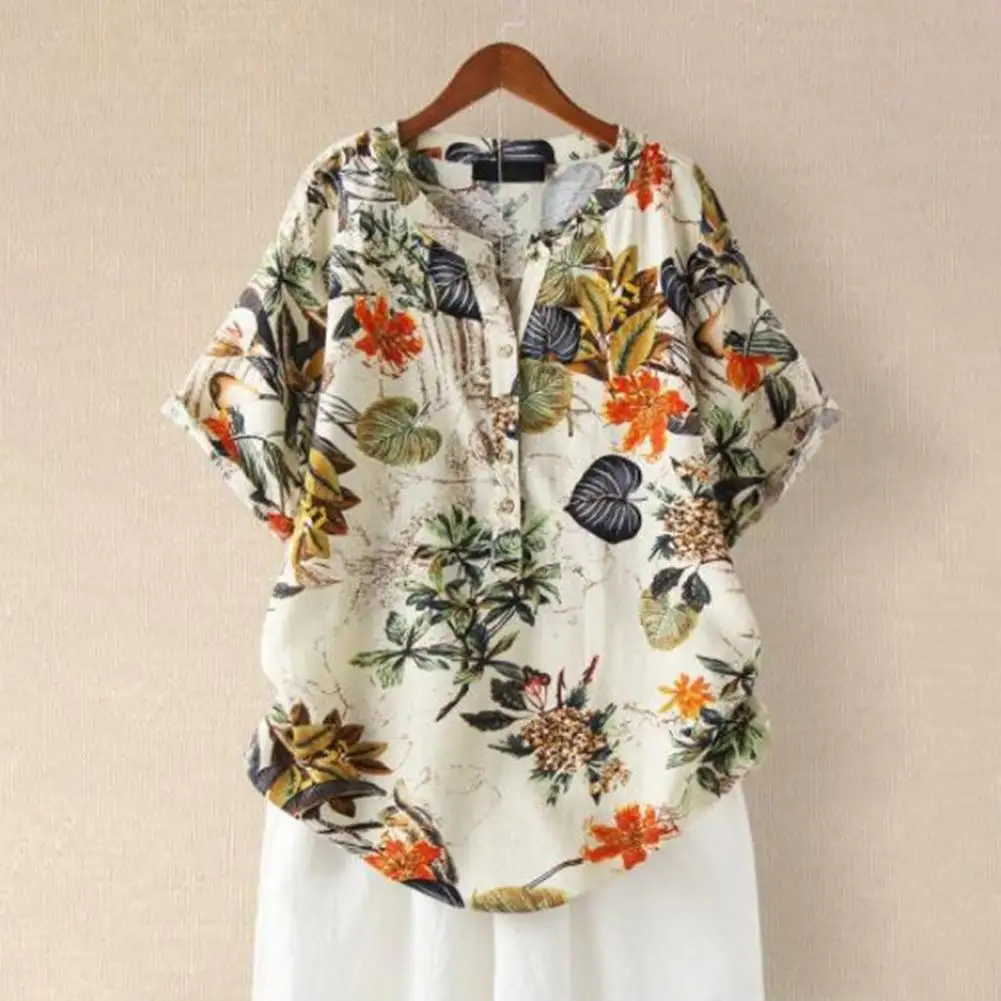 

2024 summer vintage fashion print loose casual shirt short sleeve T-shirt woman Floral Printed Shirts Shirt Tunic Blusas