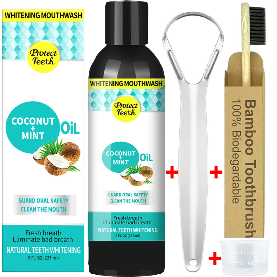 237Ml Cocco Menta Tirando Olio Collutorio Senza Alcool Sbiancamento Dei Denti Alito Orale Fresco Raschietto Per Lingua Set Cura Della Salute Della Boc