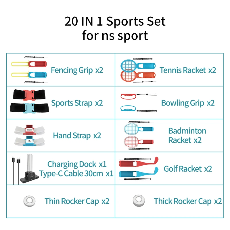 20-in-1 Somatosensory Sports Set Includes Grip Wrist Strap Tennis Racket Lightsaber Charging Dock for Nintendo Switch Gamepad