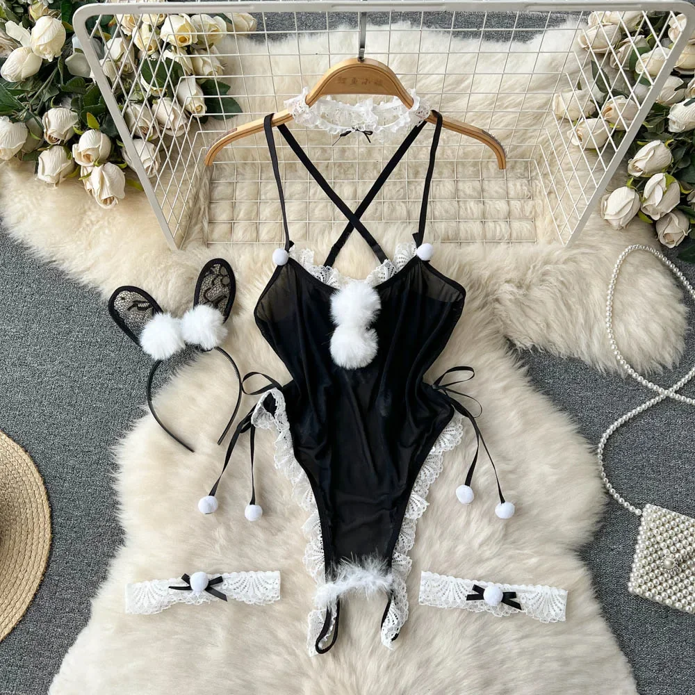 Hot Cosplay Rabbit Maid Sexy Bodysuits Ladies Lace Splice Fur Strap Bow Slim Jumpsuit 2024 Transparent Erotic Bunny Nightwear