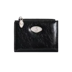 Wine Red Glossy Short Wallet for Women - Elegant Zipper Card Holder & Versatile Multi - slot Coin Purse (Black)