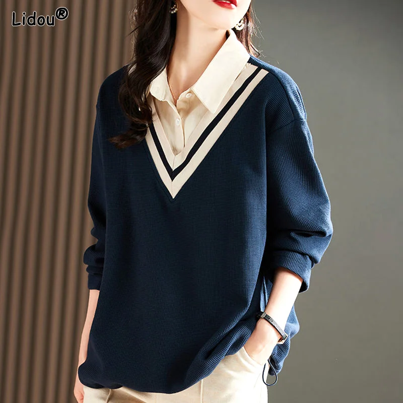 Women's Clothing 2022 Solid Loose T-Shirts Turn-down Collar Button Patchwork Autumn Winter Thin Preppy Style Casual Comfortable