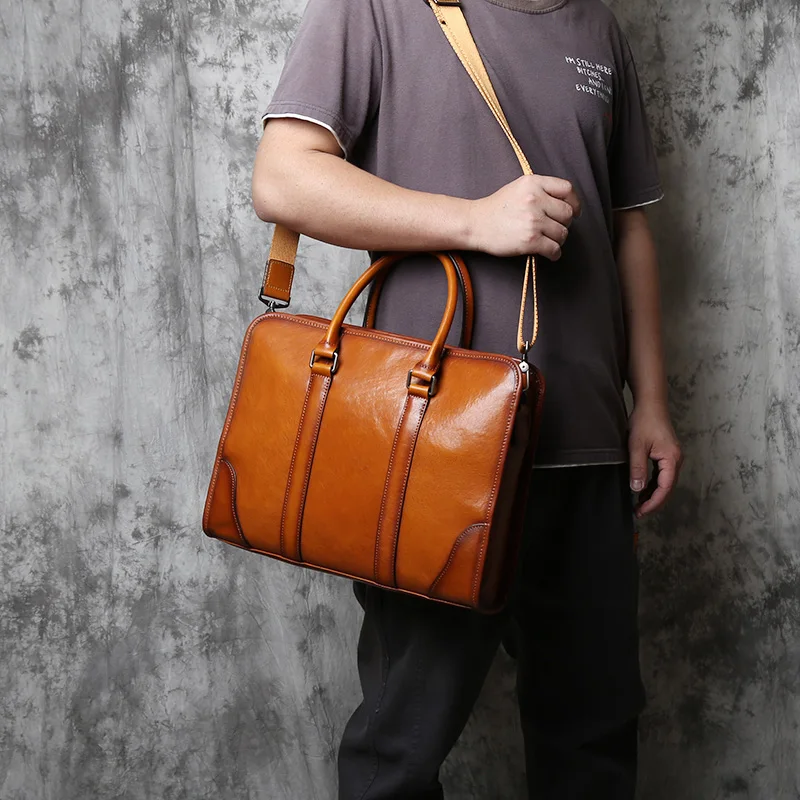NZPJ Genuine Leather Men Briefcase Primitive natural cowhide Handbag Vintage Casual Computer Bag Fashion Crossbody Bag