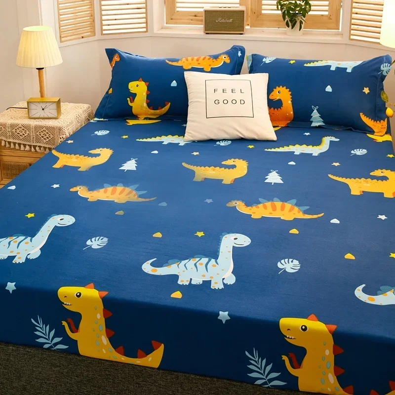 JBTP New 1Pc Waterproof Fitted Sheet with Elastic Cartoon Style Cute Dinosaur Print Bed Sheet for Kid Queen King Size Couvre Lit 2