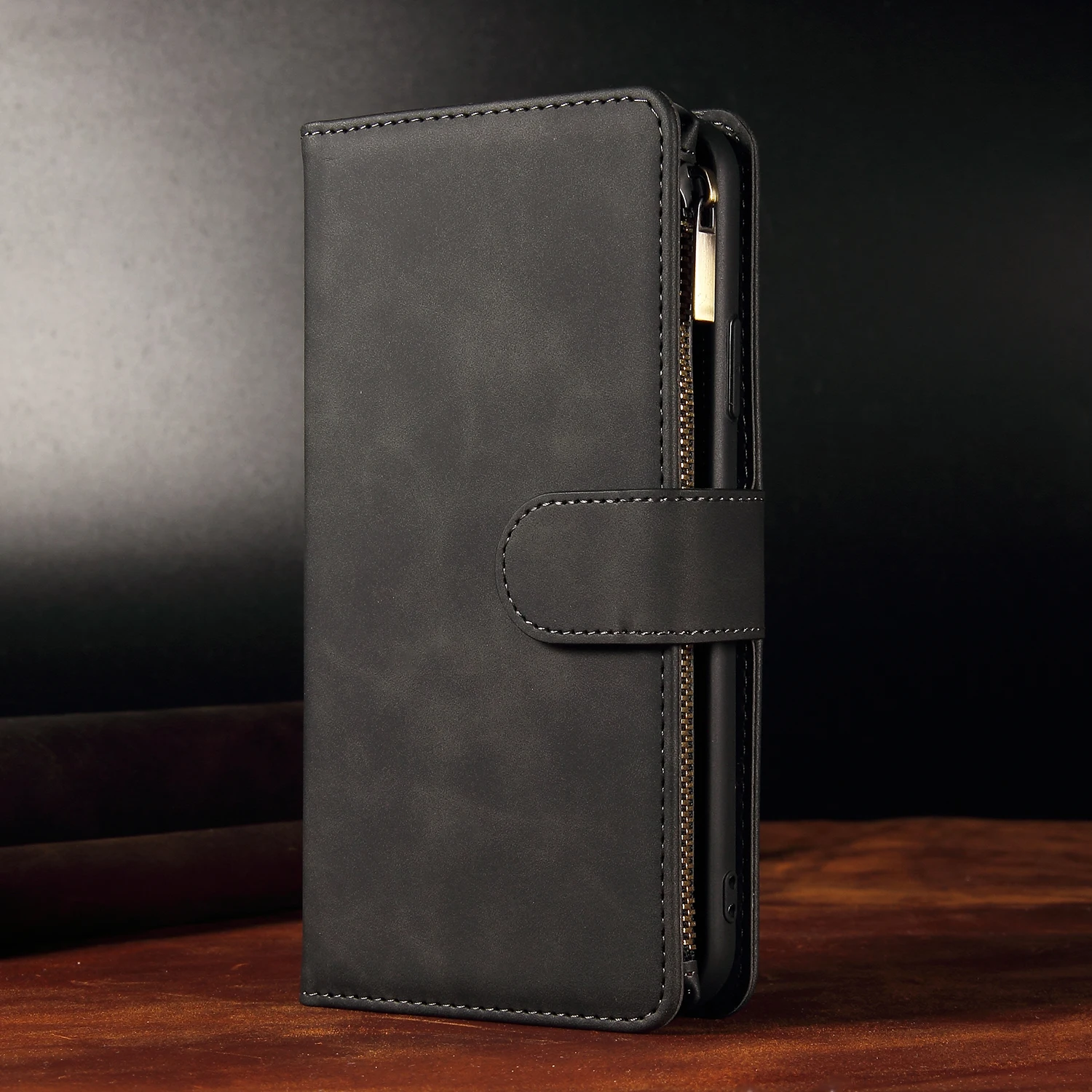 Leather Zipper Purse Flip Wallet Phone Case with Multi-Card Slots