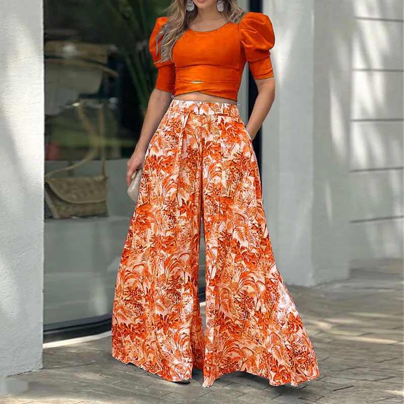 

2023 Summer New Ladies Casual Sexy One Shoulder Puff Sleeve Top Printed Skirt Two Piece Set