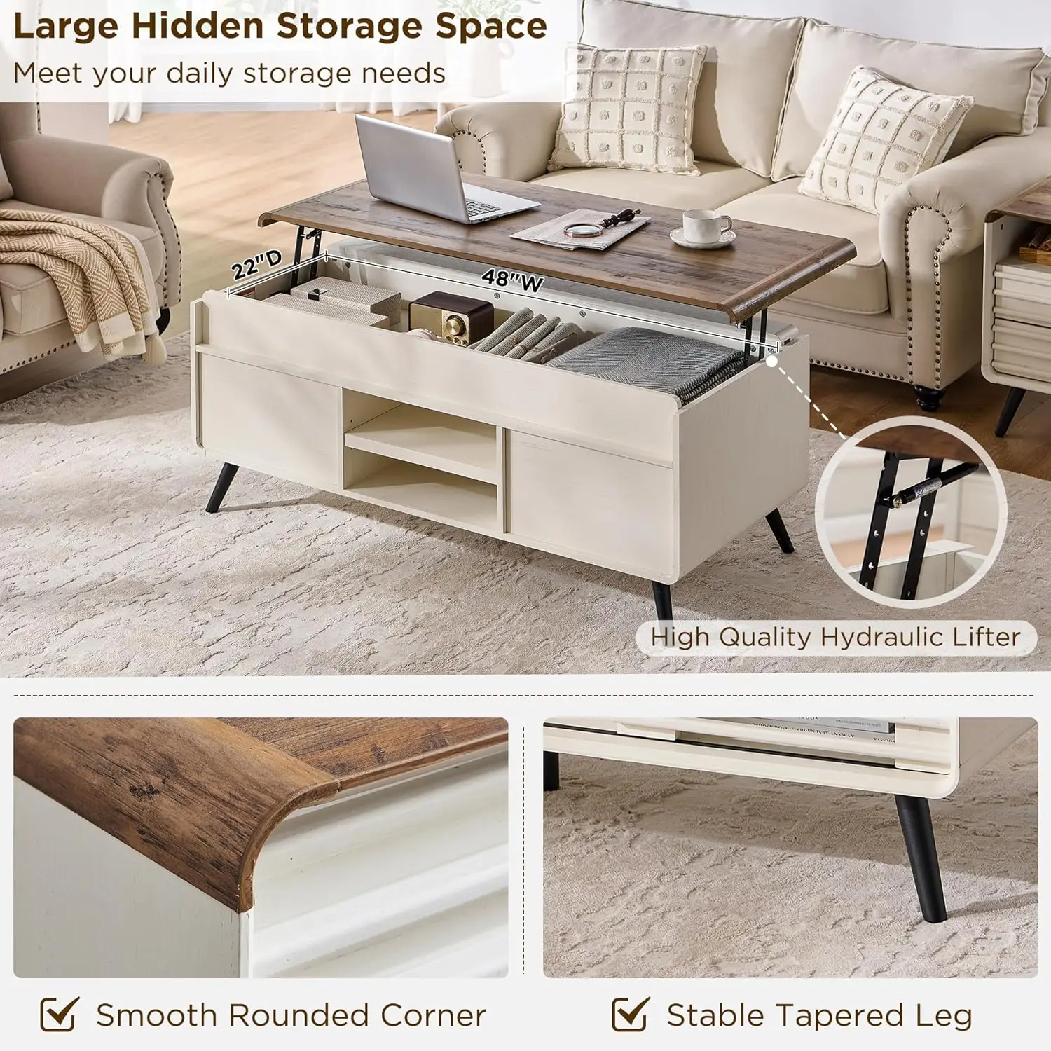 48" Lift Top Coffee Table with Slatted Sliding Door, Mid Century Modern Center Table with Hidden Storage Compartment 4