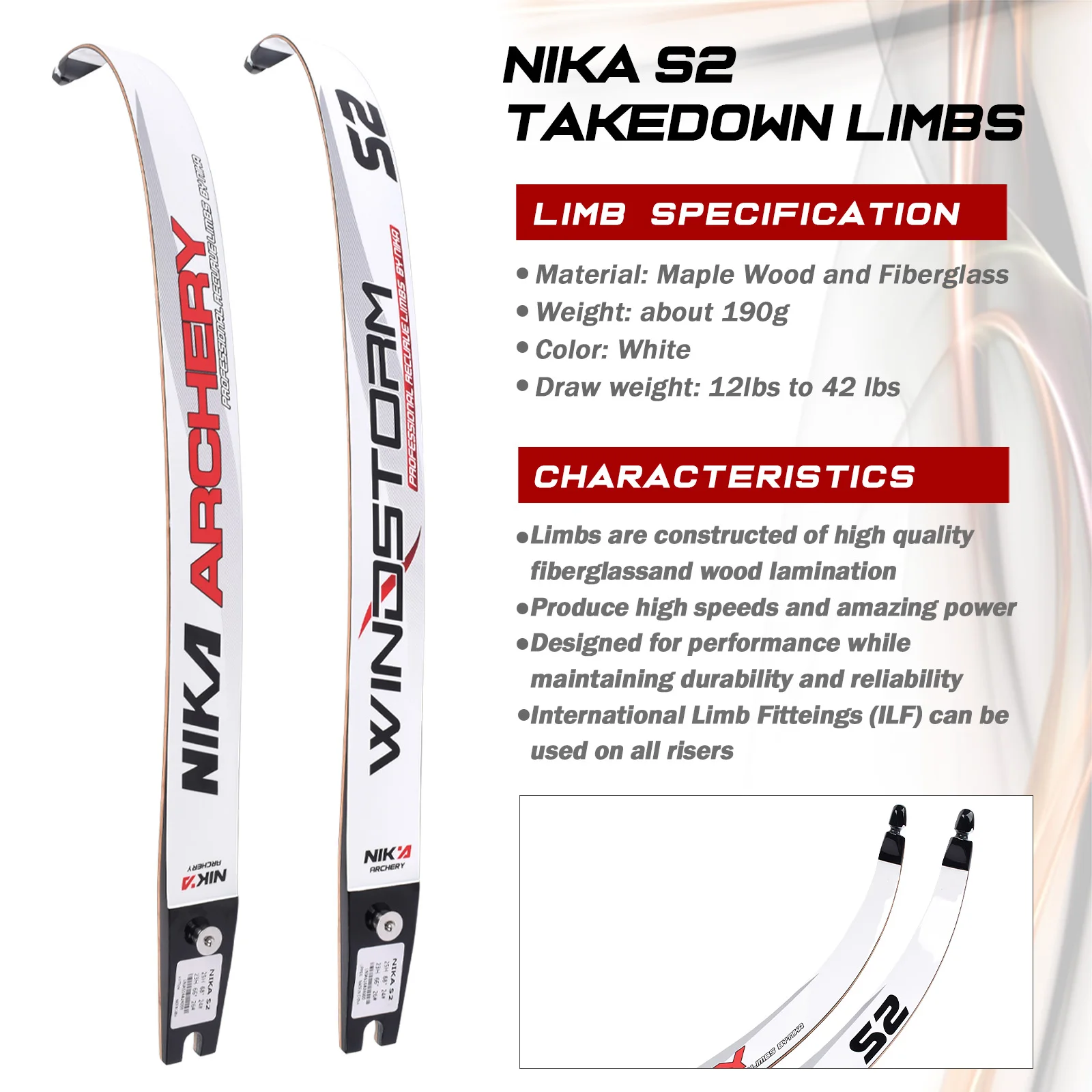 1 Pair NIKA Archery Take Down ILF Recurve Bow Limbs S2 22-42 LBS 68" 25H Archery Bow Hunting Shooting Limb