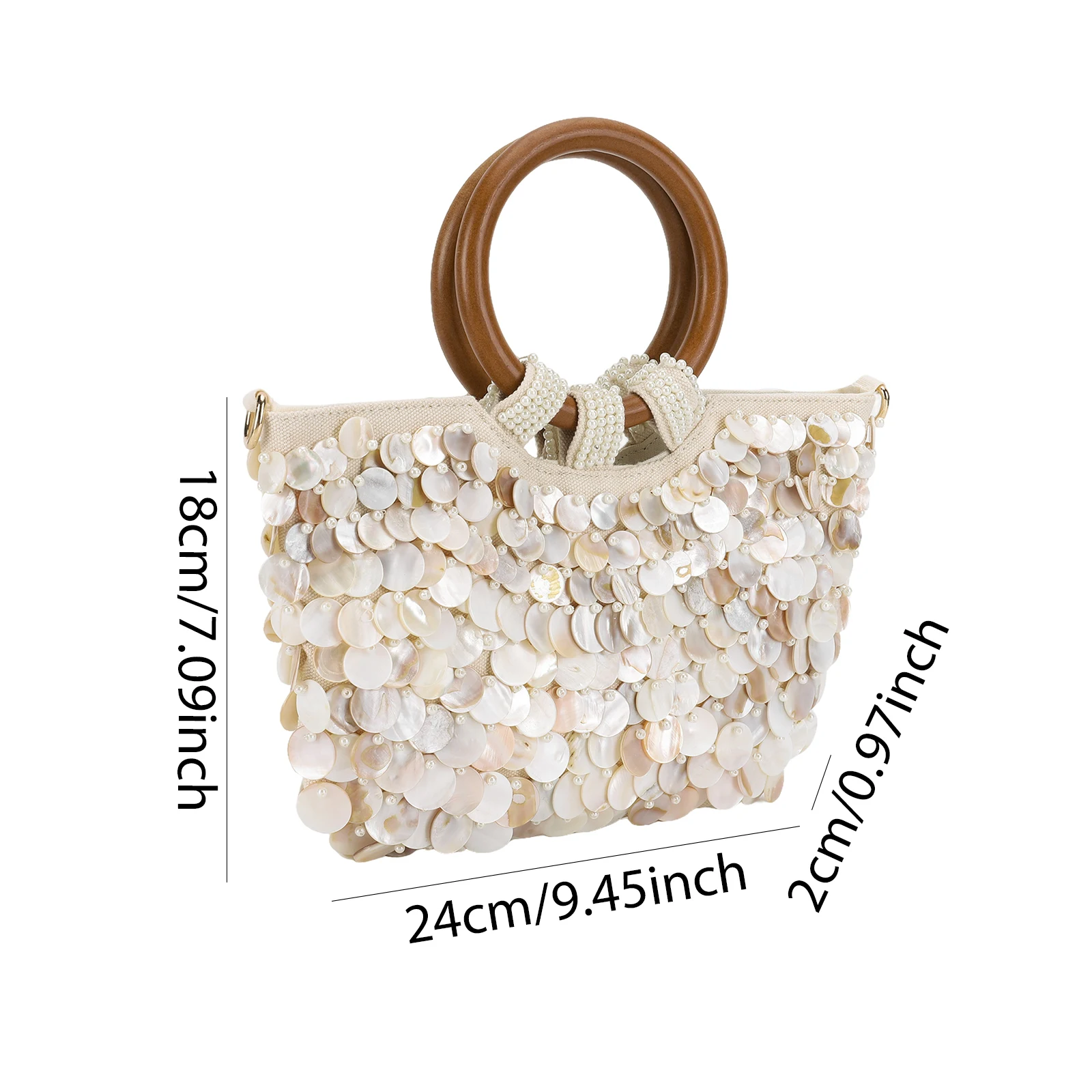 Shell Beaded Clutch Purse Wooden Handle Beach Bag Handmade Evening Handbag Luxury Designer Evening Bag for Women Summer Vacation