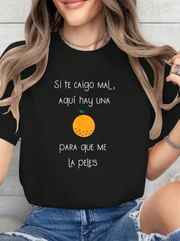 Spanish Humor Orange Graphic T-Shirt - "Si Te Caigo Mal..." Funny Quote Round Neck Tops Women Graphic T Shirts Summer Streetwear 1