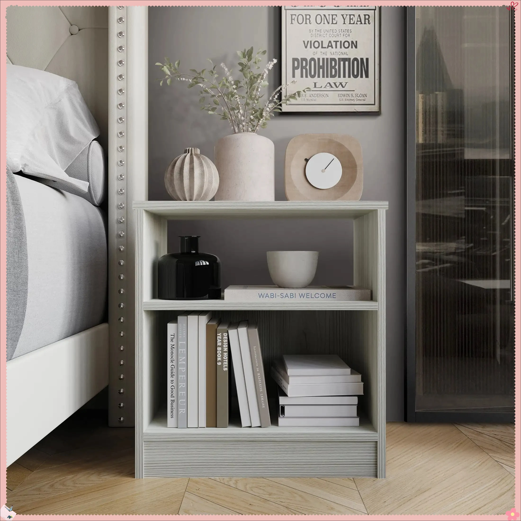 Light Gray Bedside Table with Shelf, Minimalist Nightstand with Storage