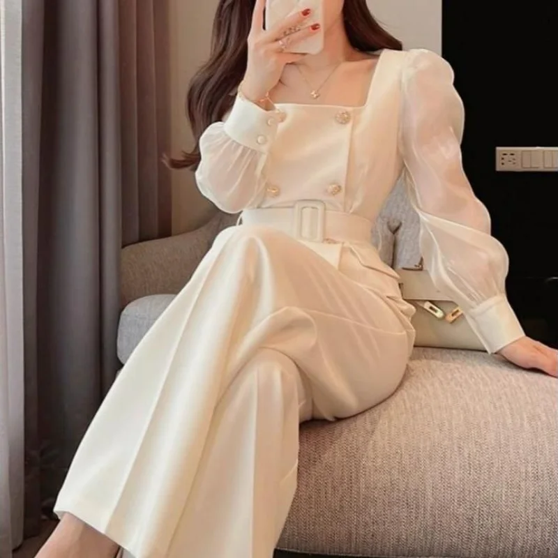 

2023 Autumn Winter Solid Color Buttons Square Neck Long Sleeved Women Clothes Casual Simplicity Elastic Waist Slim Fit Set