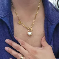 Fashion Pearl Heart Pendant Necklaces For Women Stainless Steel Gold Plated Chain Thick OT Buckle Necklace Wedding Jewelry Gift - Image 2