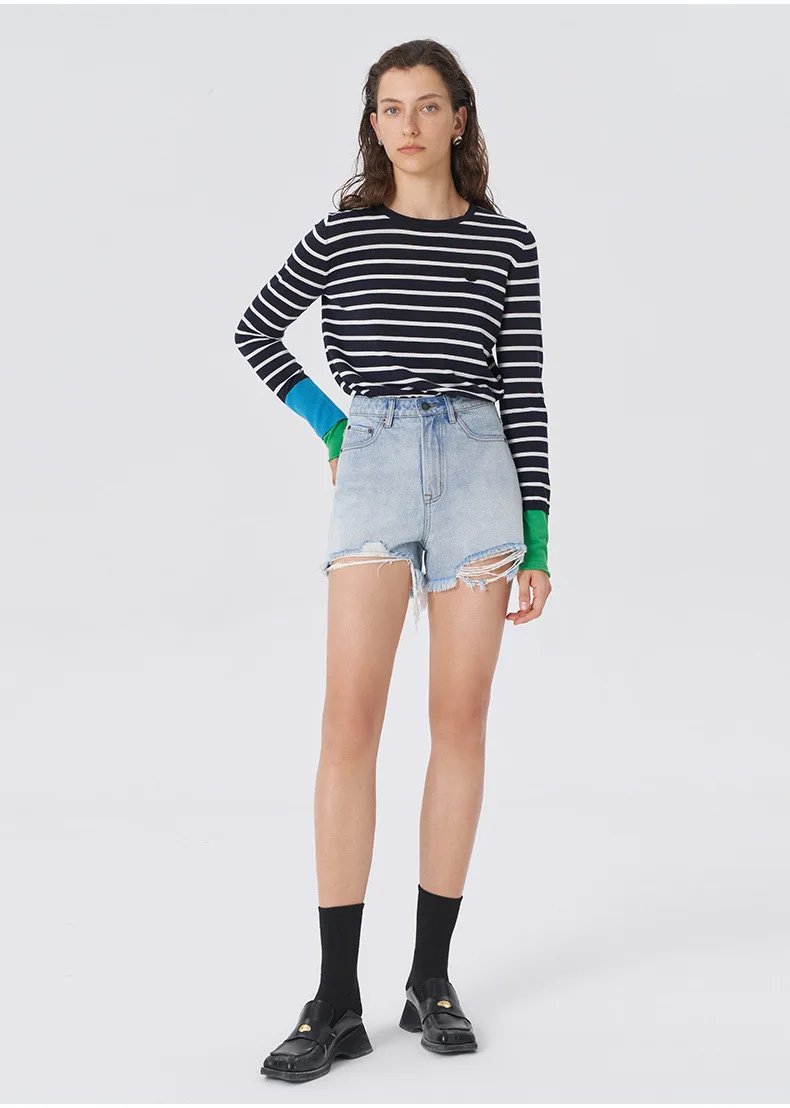 Women's New Pure Wool Soft Spliced Sweater Curled O-neck Striped Pullover Spring Autumn Casual Knit Fashion Top