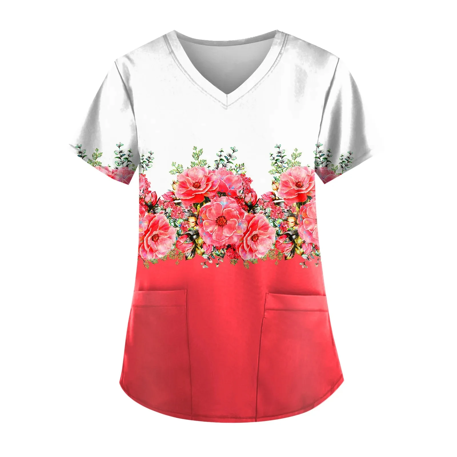 2023 Blumen druck Tasche Arbeits kleidung für Zahnarzt Krankens ch wester Peelings Uniform medizinische Uniformen Frauen Kurzarm V-Ausschnitt Peeling Arbeits oberteil – Detail 2