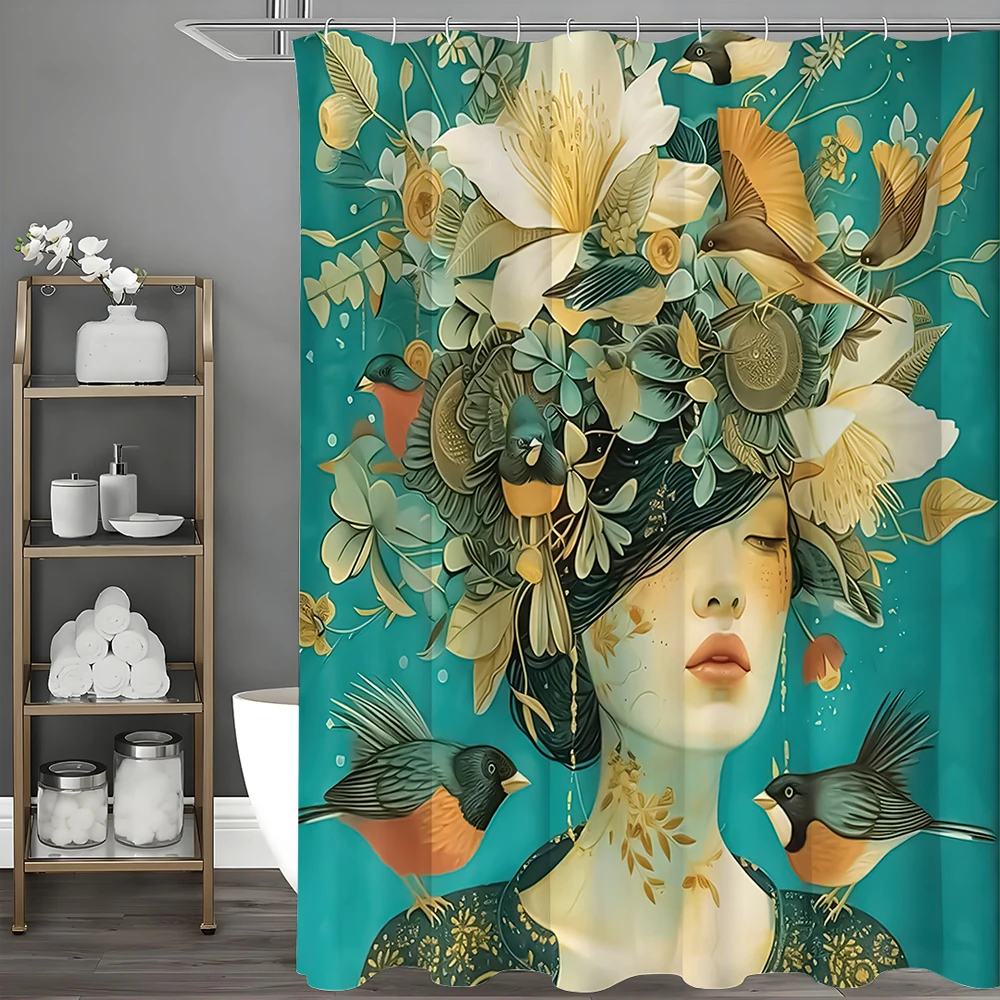 Abstract Art Flower and Bird Girl Design, Shower Curtain, Bathroom Decorative Shower Curtain, Waterproof Shower Curtain with Hoo 3
