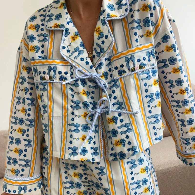 New 2 Vintage Garments Independent Graphic Print Front Tie Bow Full Sleeve Shirt T-shirt + Shorts Fairy Cottage Y2K Street Wear