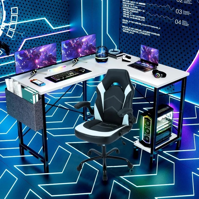 L Shaped Computer Desk - Gaming Corner 50 Inch PC White Writing Study Student Table with Wooden Desktop CPU Stand Side Bag 2