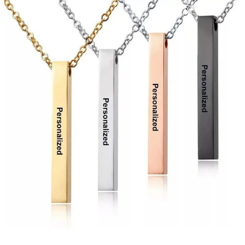 Personalized Vertical Bar Necklace Four Sided Custom Names Necklace Pendant Message For Women