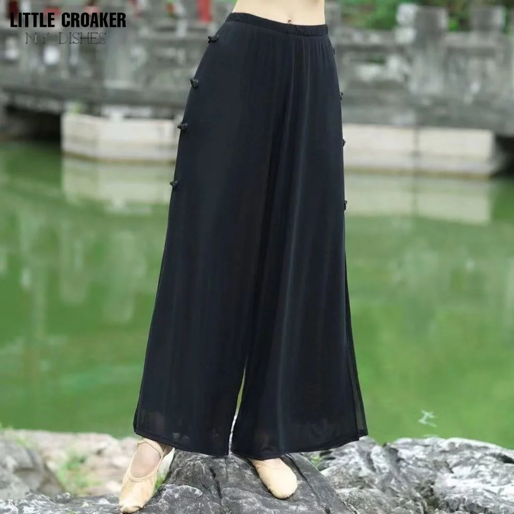 Womem Dance Practice Clothes Belly Dance Costume Chinese Dance Pants Lady Long Pants Black White Split Trousers Dancewear