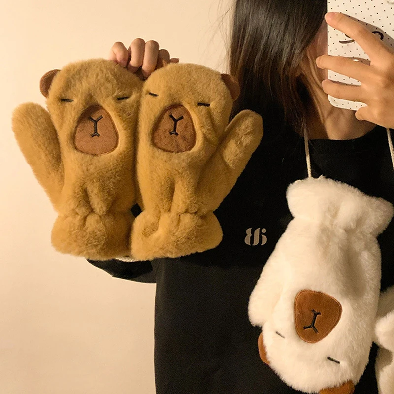 Cute Capybara Plush Scarf Cold-proof Warm Glove Scarf Sweet Windproof Thickened Cross Neck Glove Fashion Accessories Girl Gift