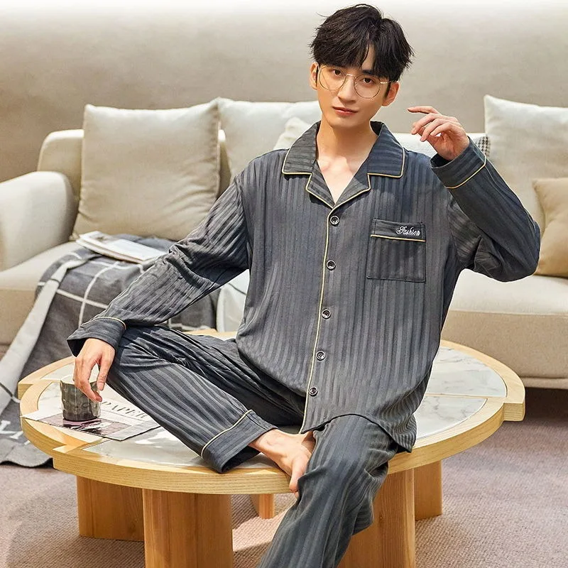 

2024 New Men's Sleepwear Spring Autumn Pure Cotton Long Sleeve Large Size Thin Homewear Suit Youth Simple Casual Pajamas Set