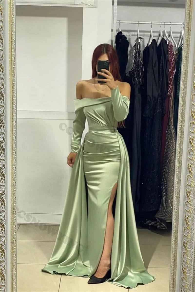 

Green Satin Long Sleeve Evening Dresses Off Shoulder Formal Party Gown Mermaid High Slit Women Arabic Kaftan Robe De Soiree