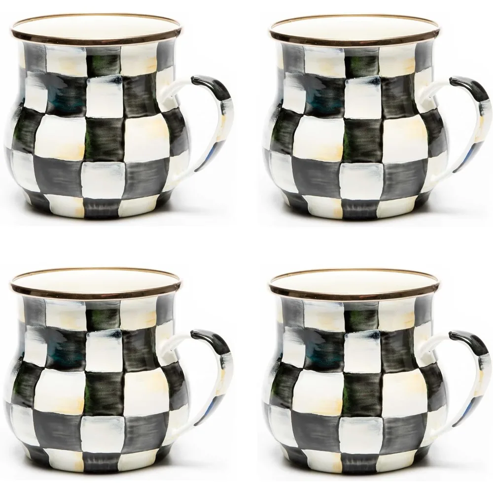 

MACKENZIE-CHILDS Courtly Check Enamel Mug Set, Black-and-White Coffee Cup, Set of 4