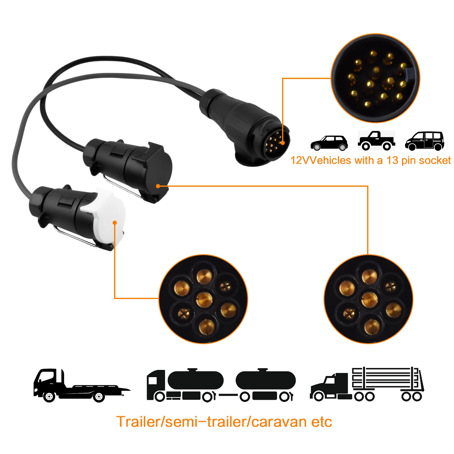 13 Pin to Double 7 Pin Adaptor Trailer Extension Lead Caravan Towing Socket Plug Board Connectors Car Accessories