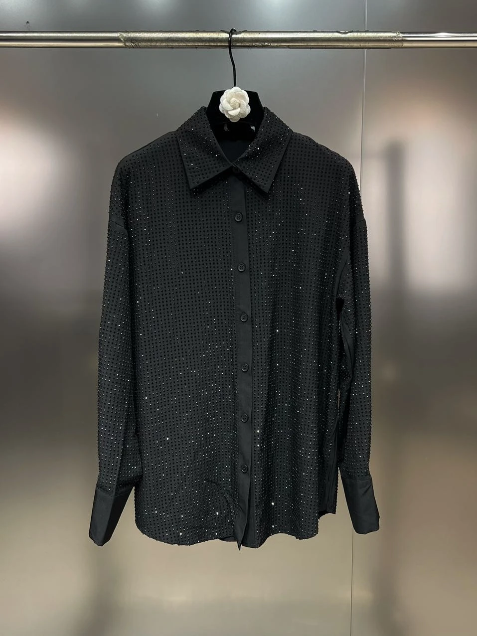 Spring New Lapel Long Sleeve Rhinestone Shiny Loose Blouse High Waist Slim Straight Pants Two-Piece Sets Fashion Outfits Women
