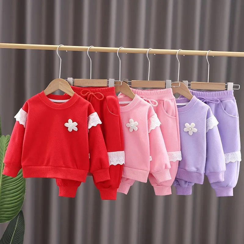 

Girls Spring 2023 New Little Girl Long Sleeve Two-piece Set Baby Flower Autumn Sweatshirt Kids Clothes Girls