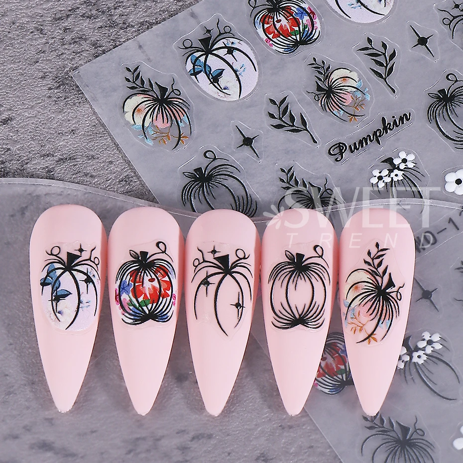 2pcs Cartoon Autumn Pumpkin Nail Stickers 3D Maple Leaf Petals Adhesive Nail Decals Sliders DIY Thanksgiving Day Manicure Decor