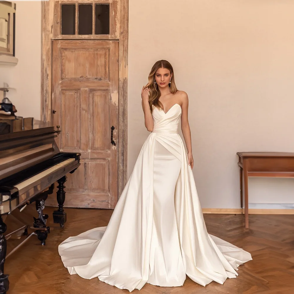 

Elegant Off the Shoulder Satin Wedding Dress for Women Pleated Mermaid Removable Court Backless Wedding Gown robe de mariée