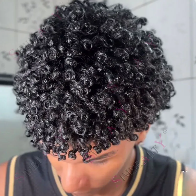 15mm Curly Afro Wig Men's Toupee Durable Full Thin PU 100% Human