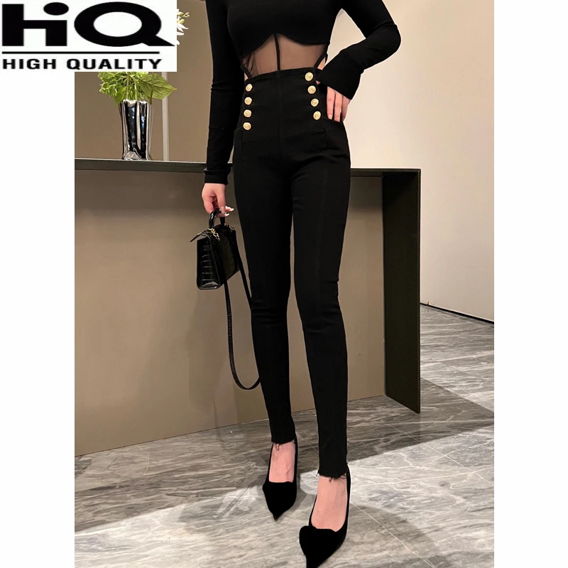

1 Women Fashion Comfortable Button Decoration Washed Cotton Slim Stretch High Waist Frayed Hem Pencil Jeans