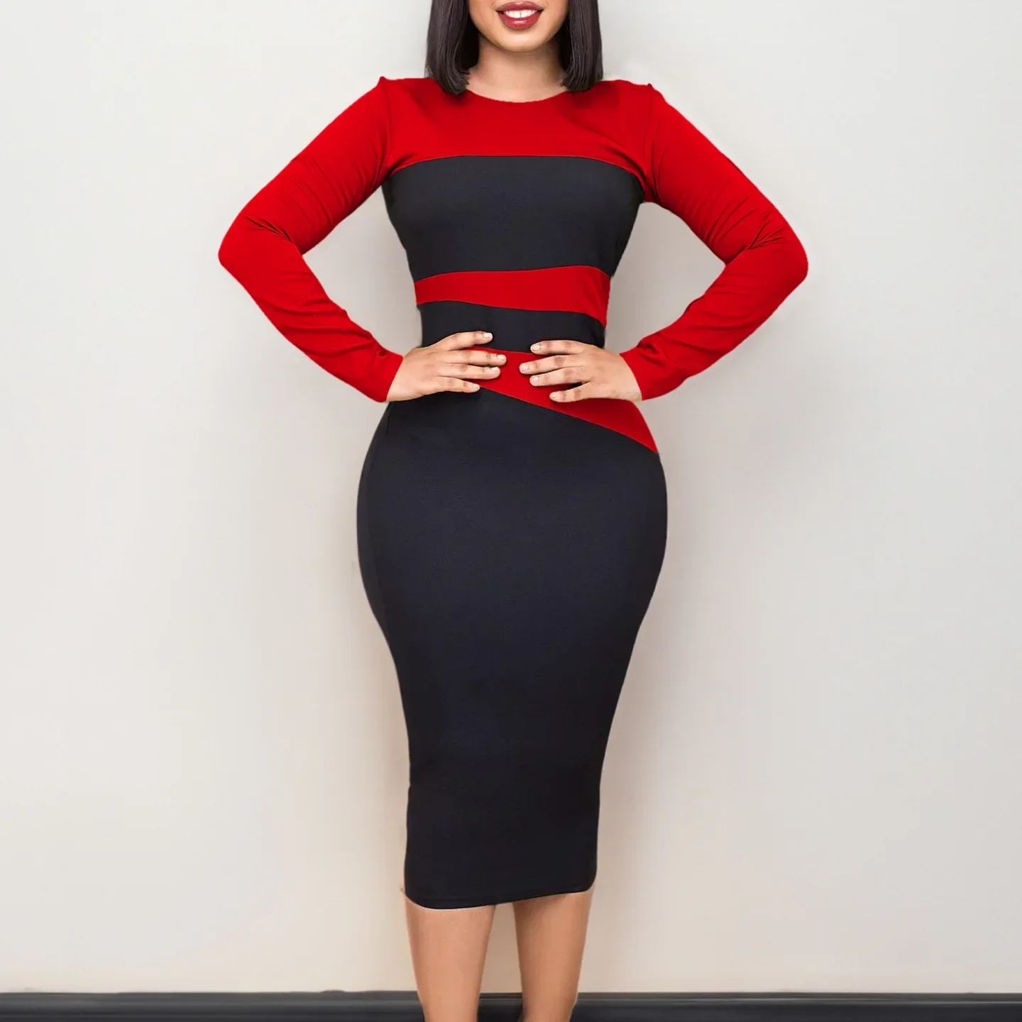 

Eaeovni Stylish and elegant Tongle OL color block hip dress