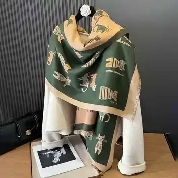 Cute cartoon cat double-sided double-wear faux cashmere women's winter thickened warm and cold-proof scarf shawl for students