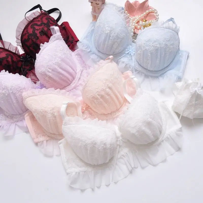 Japanese Cute Girly Princess Underwear Set Kawaii Lace Sexy Wire Free Push Up Lolita Bra and Panty Size 32 34 36 38 40 A B C D E