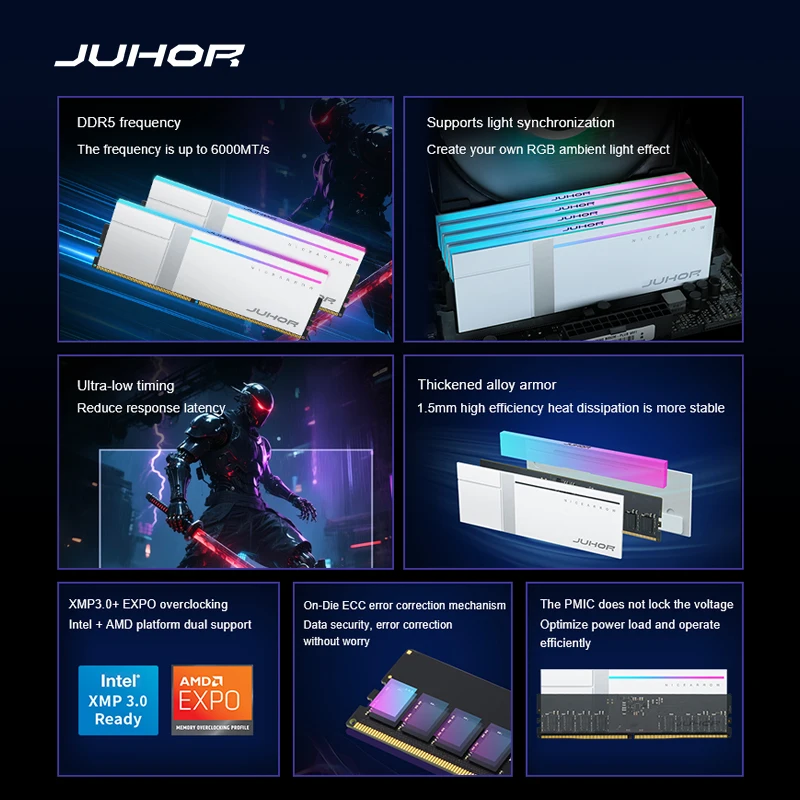 JUHOR DDR5-6000 16GB 2枚組 計32GB ホワイト RGB JUHOR DDR5 RAM 32GB 6000MHz Desktop Gaming Memory with White