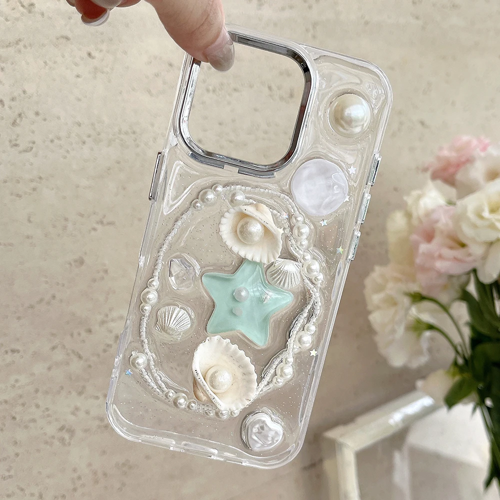 Niedliche 3D-Handyhülle mit Seestern, Schleife und Muschel für iPhone 18 17 16 15 14 13 12 11 Pro Max, glitzernde Pailletten, stoßfeste weiche Silikonhülle